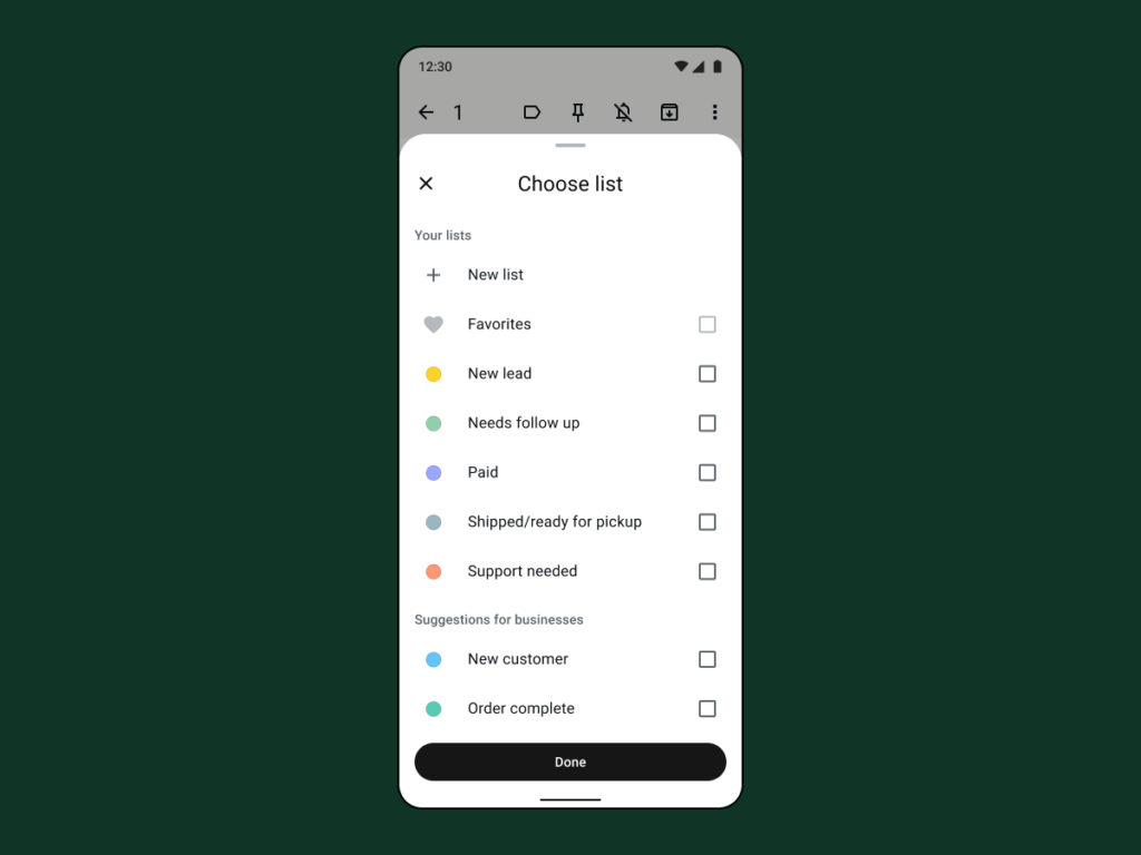 Lists feature of a business inbox